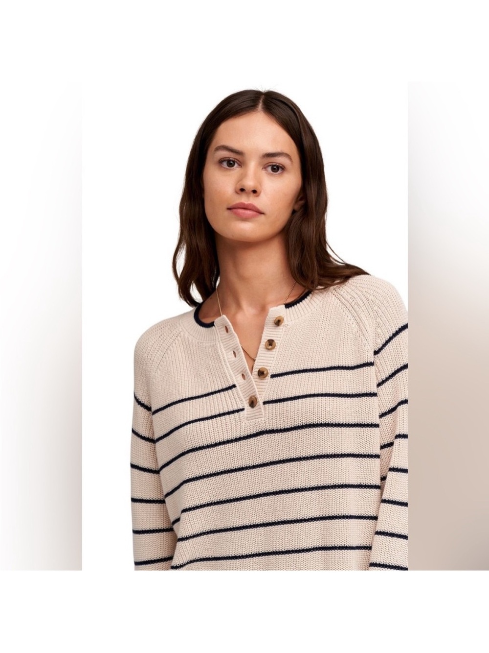 Velvet by Graham & Spencer Ivory Knit Henley Sweater with Navy Stripes
